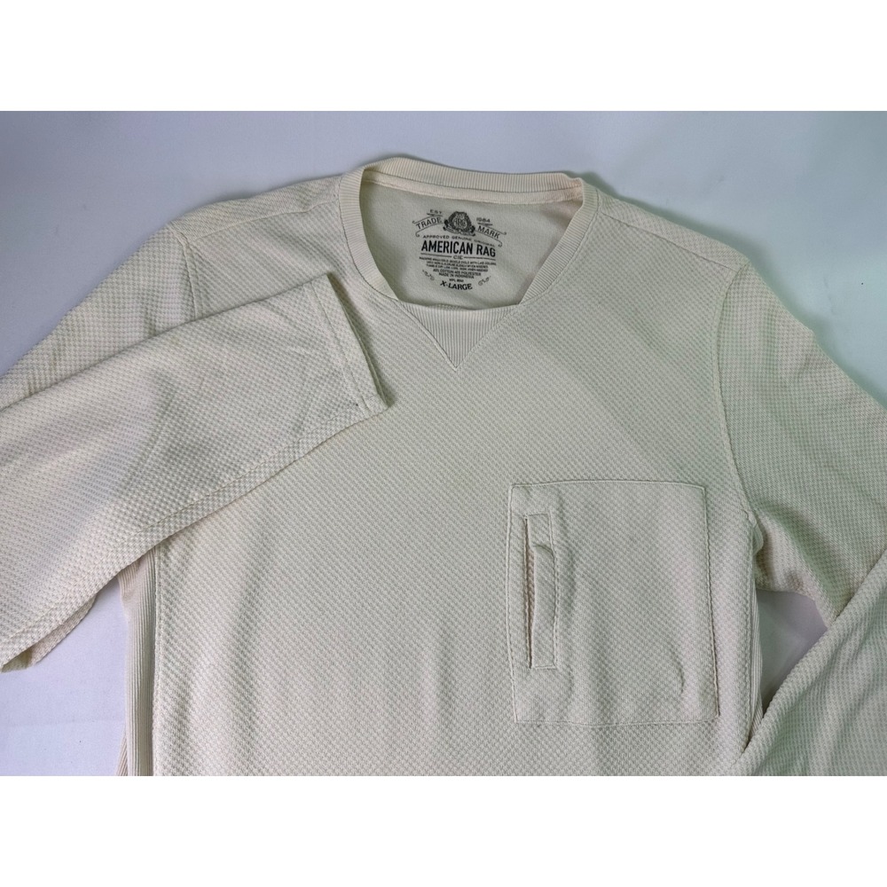 American Rag Cie Men Waffle Knit Thermal Long Sleeve Pocket Crew Neck Cream XL